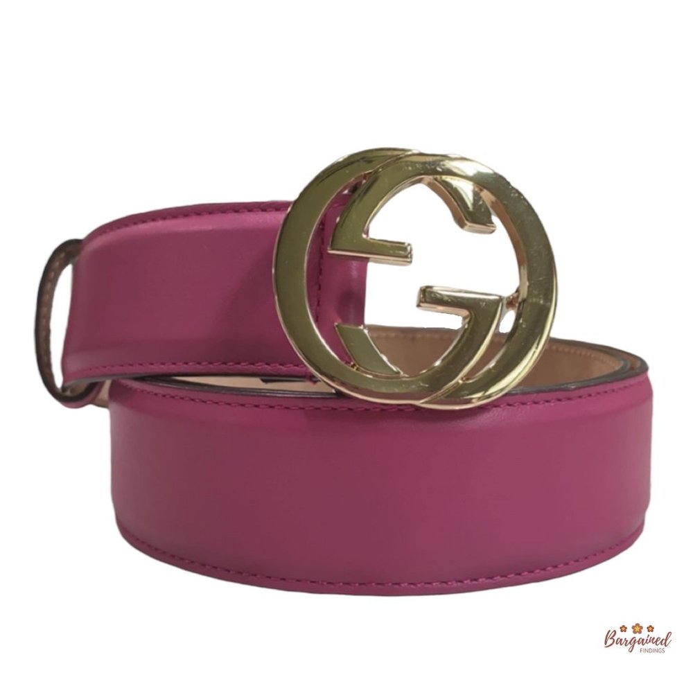 Authentic Gucci Hot Pink Calfskin Leather Gold Interlocking G Buckle Belt 80/32